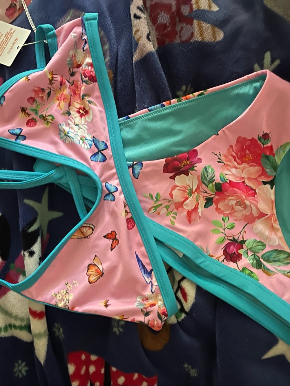 Pink Floral & Teal Trim Women’s Bikini Set